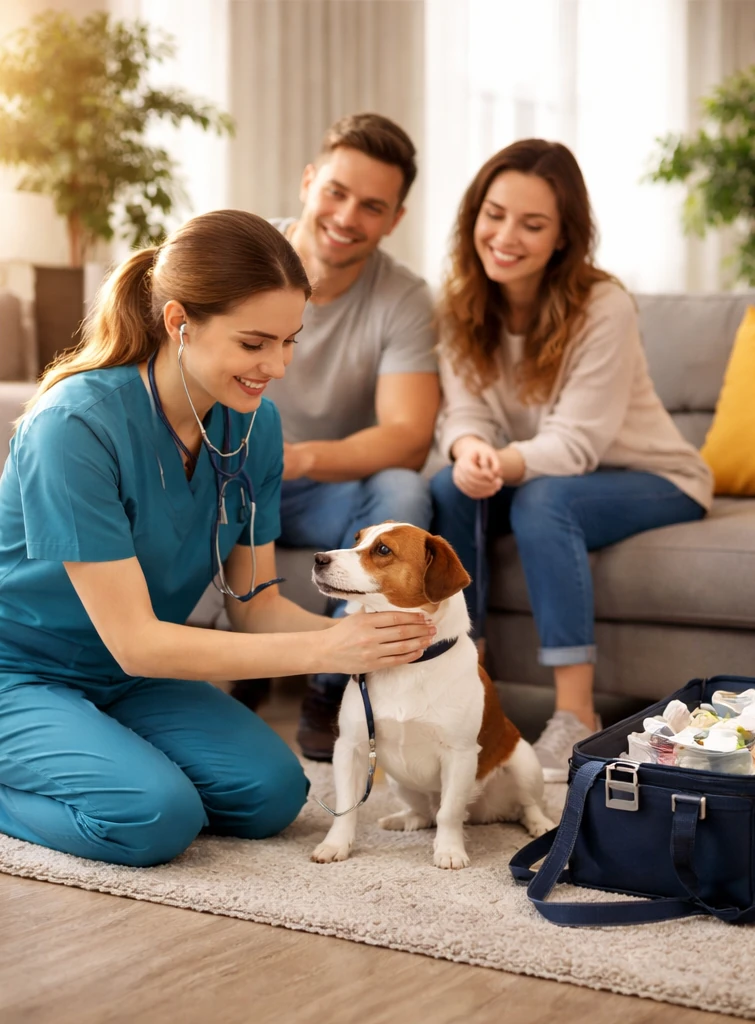 veterinaria atendiendo a un perro en su domicilio
