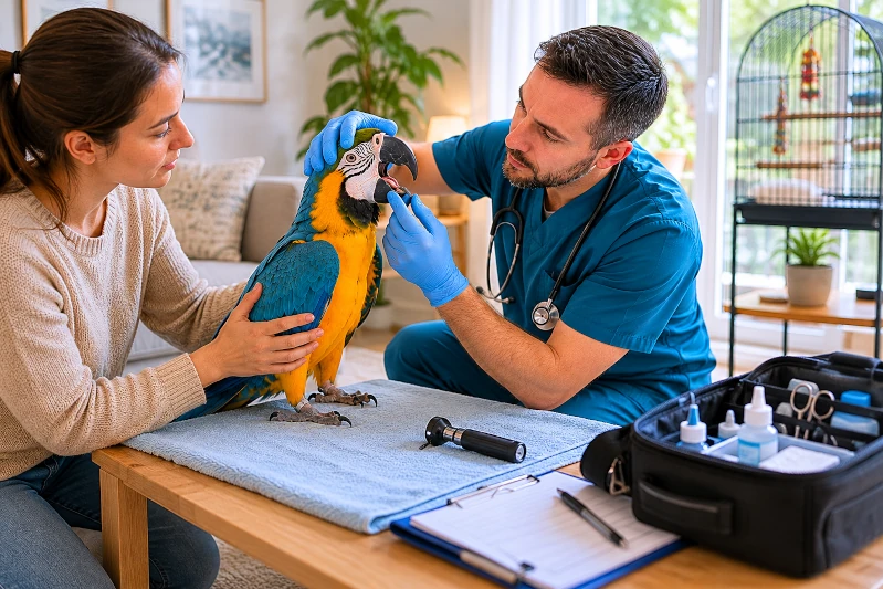 veterinario atendiendo a una ave exótica